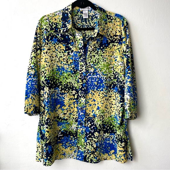 Draper’s & Damon’s Bright Floral Print Button Down Blouse Blue Yellow Green, L - Picture 1 of 8